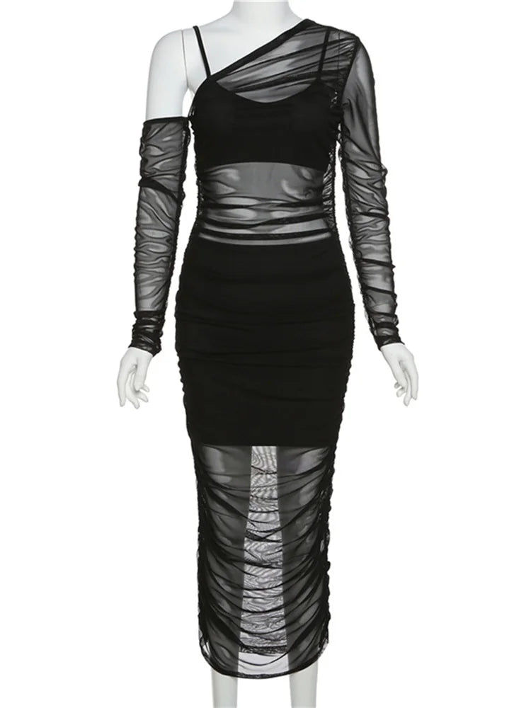 BXOXO  Mesh See Through Women Dress Sexy 3 Piece Set Elegant Fashion Female Clothing Casual Slim Camisole Black Bodycon Skirts