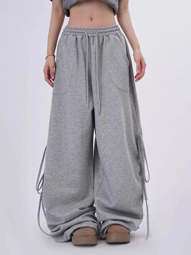Bxoxo Streetwear Gray Sweatpants Women Low Waist Loose Harajuku Pockets Pants American Casual Hip Hop Lace Up Oversize Bf Trousers New