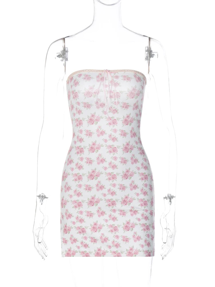 BXOXO Floral Print Strapless Backless Lace Up Sexy Bodycon Mini Prom Dress Summer Women Fashion Outfit Beach Party Vacation