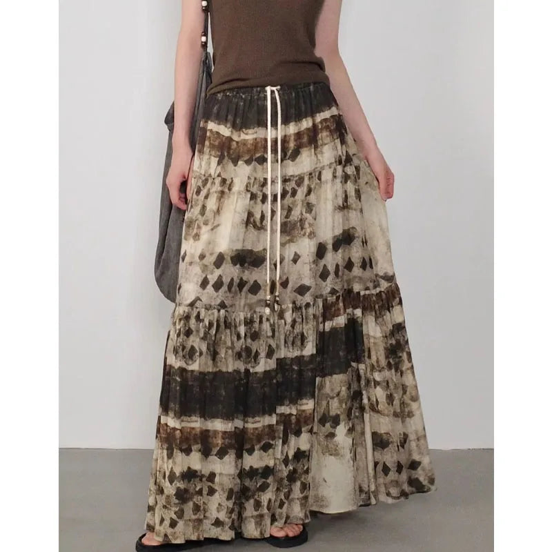 Bxoxo Vintage Ink Wash Print Long Skirt Women Harajuku Elegant High Waist Skirts Retro Gothic Streetwear A-line Midi Skirts