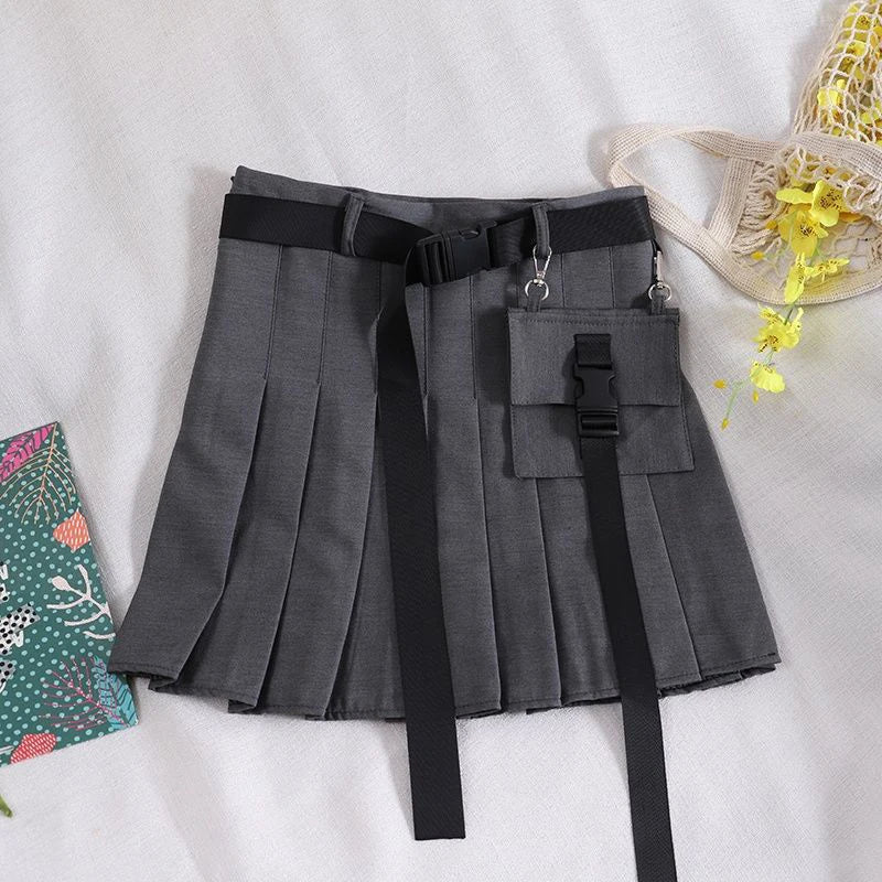 Bxoxo Harajuku Belt Pleated Cargo Skirt Women Fashion Gothic High Waist Pocket Mini Skirts Fashion Summer Lady A Line Black Skirt