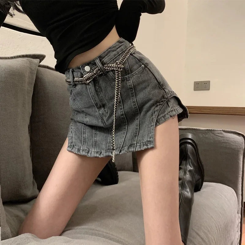 Bxoxo Summer New Irregular Denim Shorts Skirt Female Y2K Street Fashion High Waist Plus Size Slim Bag Hip Skirt Pants Exposed A Shorts