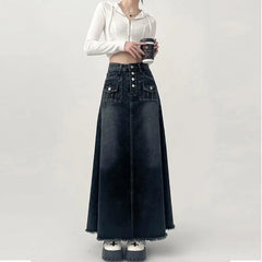 BXOXO High-waisted Cargo Denim Skirt Women's Autumn Long A-line Mid-length Skirt  Retro Raw Edge Y2k Female Clothing Korean Style