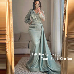 BXOXO Muslim Green Mermaid Evening Dress V-Neck Lace Beaded Long Sleeves Satin Prom Gowns Elegant Women's Dresses for Party