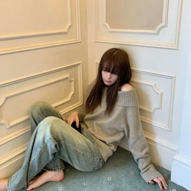 BXOXO Y2k Vintage Off Shoulder Knit Sweater Women Autumn Korean Fashion Aesthetic Harajuku Jumper Gyaru Sexy Pullover Loose