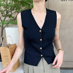 BXOXO Old Money Top Women Chic France Stylish V-neck Knitted Vest Solid Color Elegant Tops trends Waistcoat Minimal Style