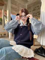 Bxoxo Sweet Knitted Cardigan Vest 2 Piece Sets Women Korean Chic Plaid Shirt Long Sleeve Tops Y2K Fashion Preppy All Match Tanks Suit