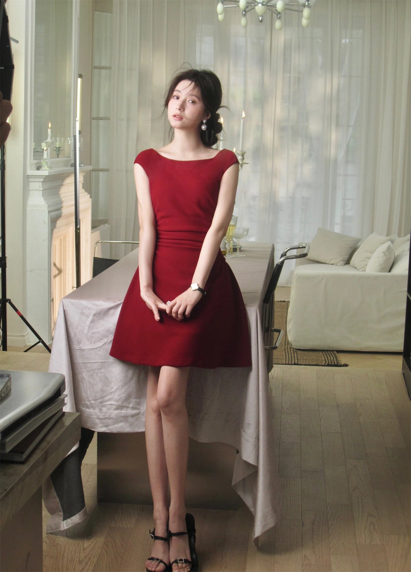 Bxoxo Women's French Vintage Slim Dresses Summer Elegant Slash-Neck A-Line Folds Design Shoulder Wrap New Dresses Party Evening 2025