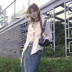 Bxoxo Y2k Aesthetics Pleated Shirt Fairycore Lace Up Blouse Trashy 2000s Style V-neck Shirt Irregular Japanese Harajuku 90s