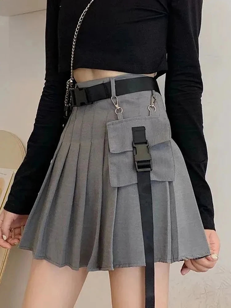Bxoxo Harajuku Belt Pleated Cargo Skirt Women Fashion Gothic High Waist Pocket Mini Skirts Fashion Summer Lady A Line Black Skirt