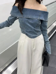 BXOXO Vintage One Line Neck Denim Shirt Women Hong Kong Style Off Shoulder Long Sleeve Blouse Sweet Spicy Slim Crop Top Women Clothing