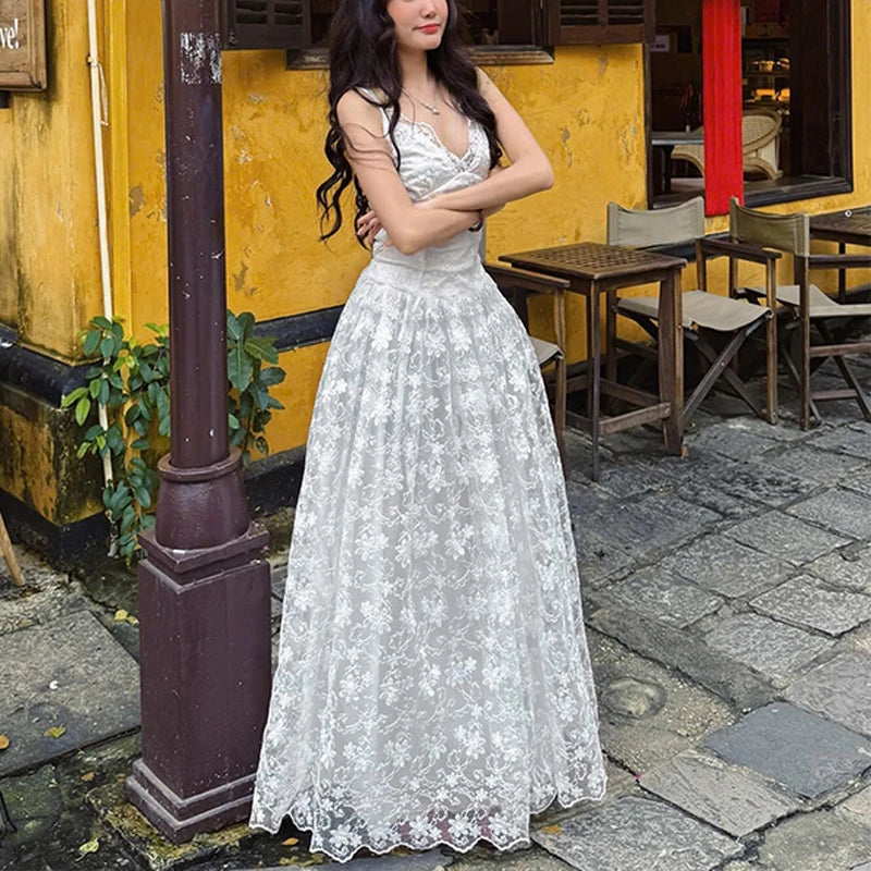 Bxoxo Sexy Deep V-Neck Backless Lace High Waist Mesh Fashion Spaghetti Strap Dress Summer Evening Party New Women Vestidos