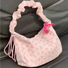 BXOXO Fashion Cute Women Shoulder Bag Heart Printed Korean Style Pink Handbag New Casual Large Capacity Pleated Crossbody Bag