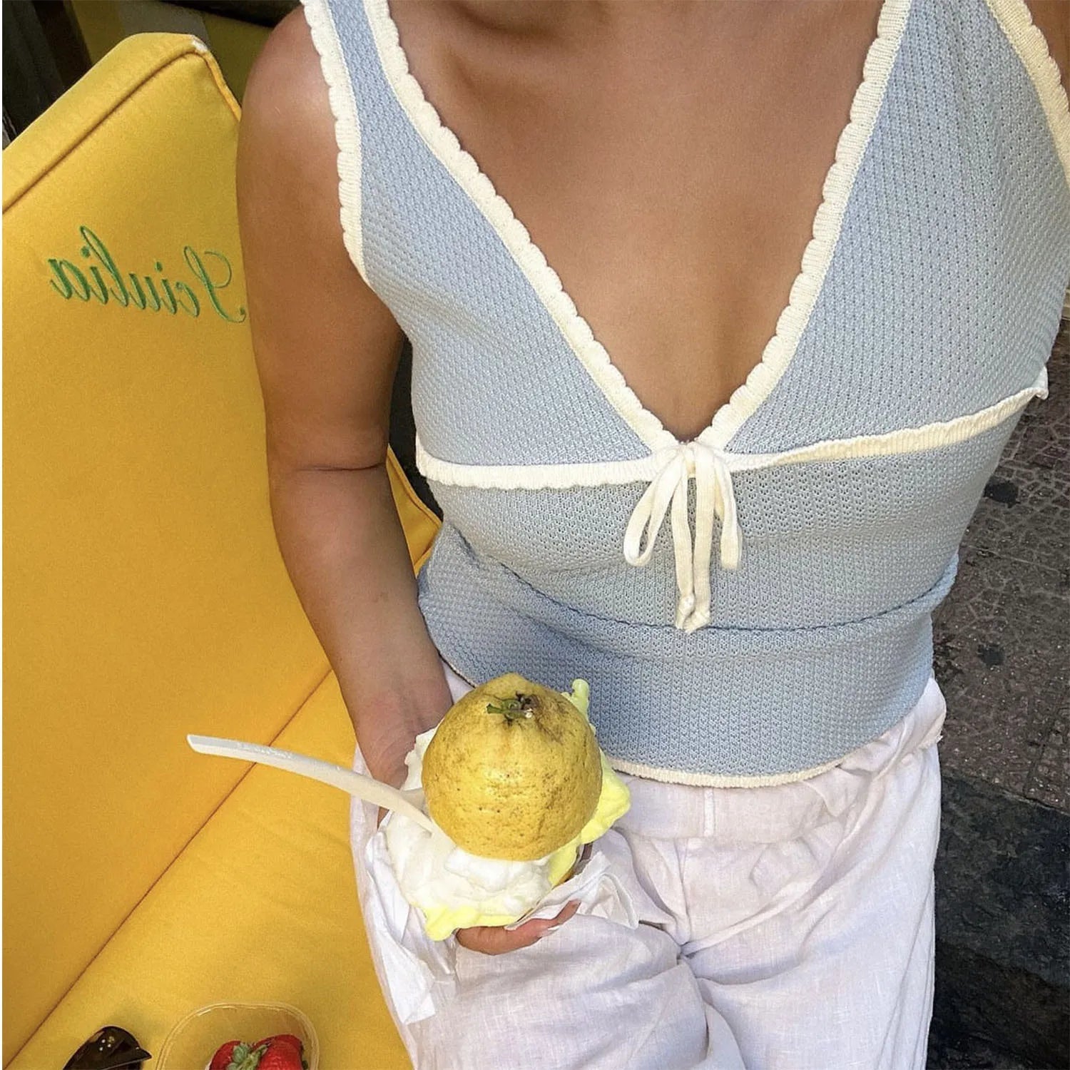 Bxoxo Knitted Deep V-neck Bow Women Crop Top Blue Patchwork Spaghetti Strap Tank Top Female Spring Slim Casual Streetwear 2024