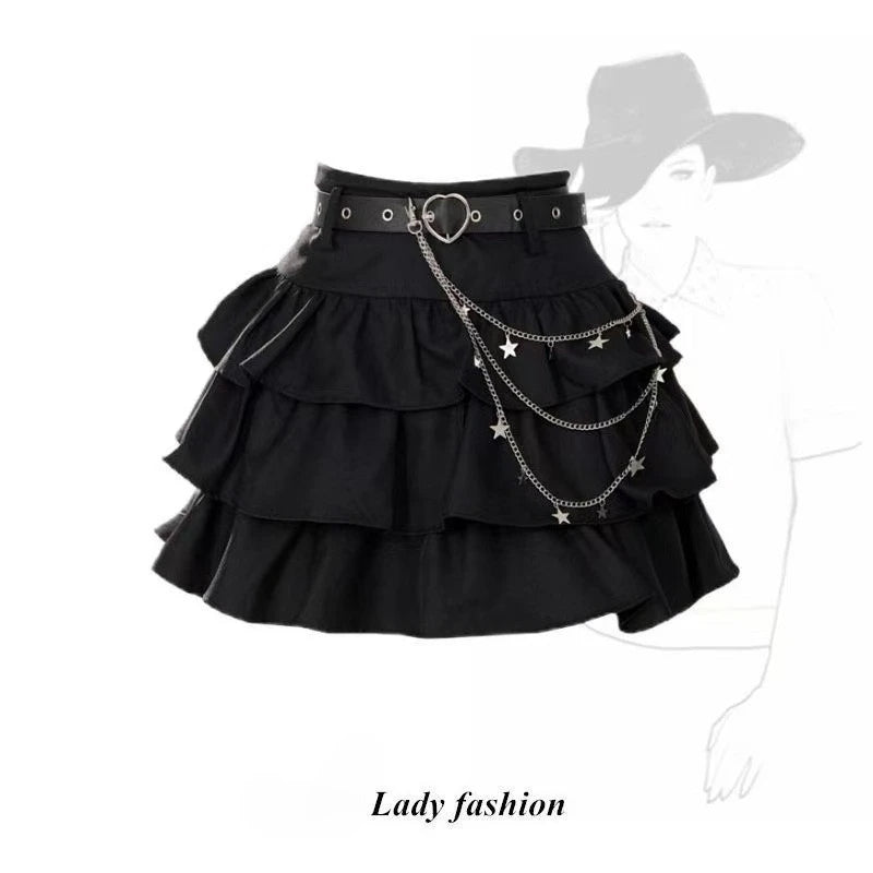 Bxoxo Black Gothic Mini Skirt Woman Y2K Korean Fashion High Street Aesthetic Elegant Retro A-line Mini Denim Skirt Outfits 2025