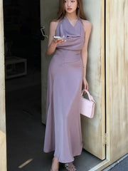 Bxoxo Women's Spring Summer Elegant Purple Party Long Dresses French Fashion Vintage Swing-Collar Lace-up Slim New Dress Prom Female