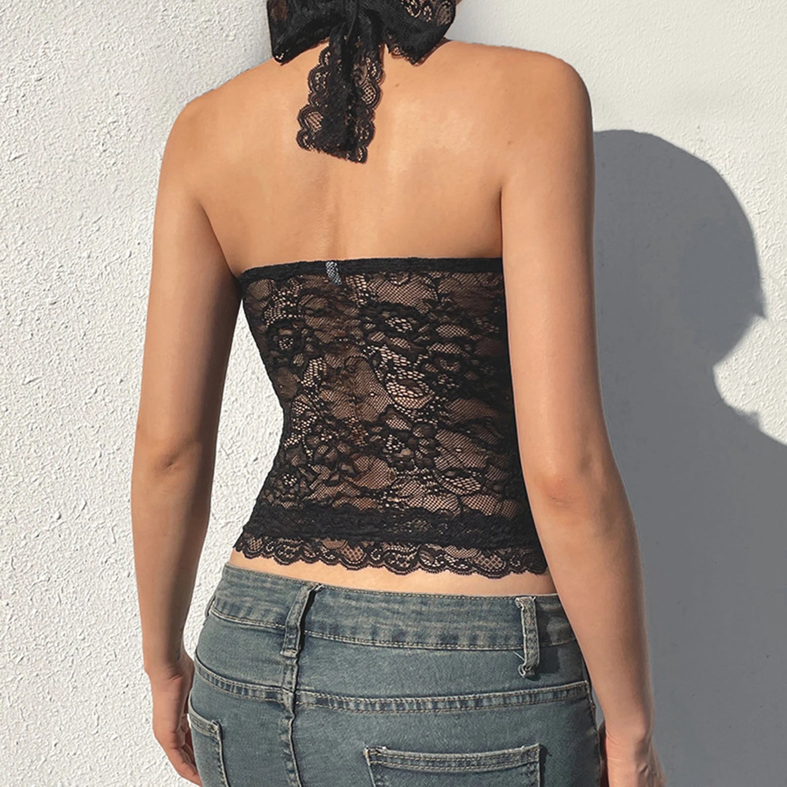BXOXO Women's Halter Crop Tops Stylish Solid Sheer Lace Floral Pattern Sleeveless Lace Tank Tops Perfect for Summer