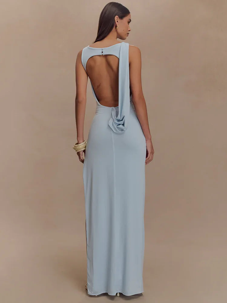BXOXO Backless Ruched Sexy Maxi Dress For Women Gown O Neck Sleeveless Thigh High Split Bodycon Elegant Long Dress Vestido