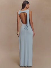 BXOXO Backless Ruched Sexy Maxi Dress For Women Gown O Neck Sleeveless Thigh High Split Bodycon Elegant Long Dress Vestido