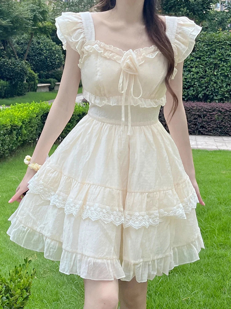 Bxoxo 3D Floral Sweet Mini Dress Women Casual Fashion Slim Flying Sleeve Cake Dress Preppy Style Lace Patchwork Cute Vestidos New
