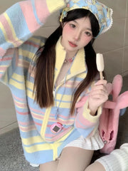 Bxoxo Casual Loose Sweaters Striped Contrast Color Zipper Stand Neck Long Sleeve Cardigan Preppy Style Fashion Sweet Women's Clothing