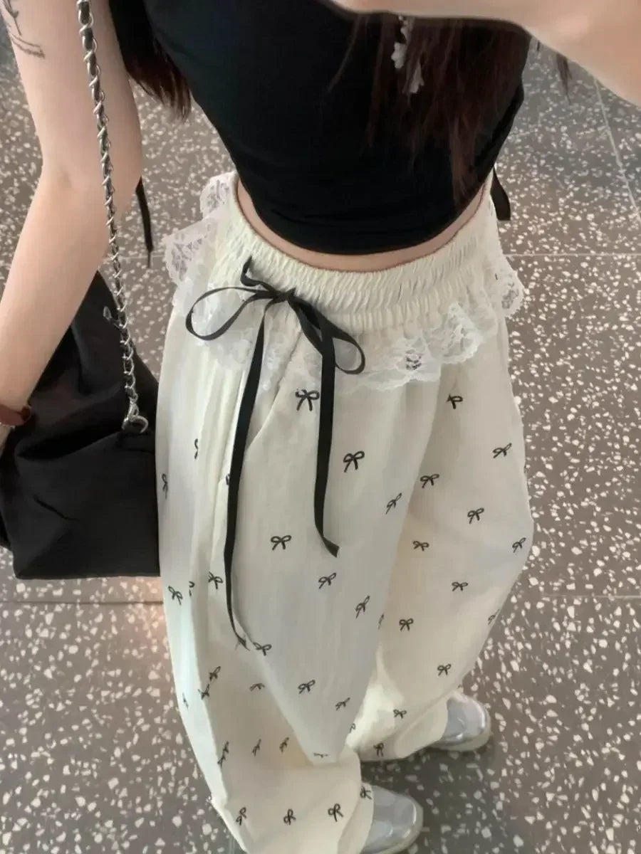 Bxoxo Fashion Lace Patchwork Women Casual Pants Summer Loose Preppy Bow Print Jogging Pants High Waist All Match Straight Trousers
