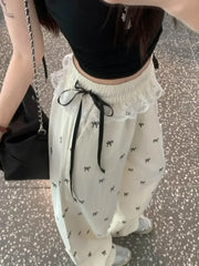 Bxoxo Fashion Lace Patchwork Women Casual Pants Summer Loose Preppy Bow Print Jogging Pants High Waist All Match Straight Trousers