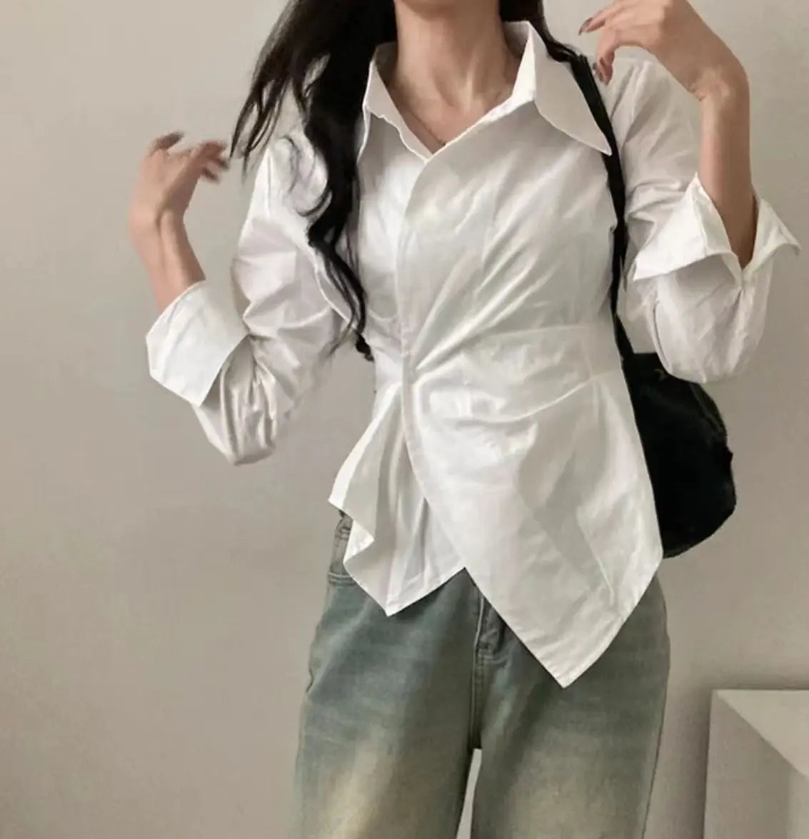 Bxoxo Striped Women Shirt Korean Version Design Irregular Waist Shirts Spring and Summer Preppy Style Long Sleeved Slimming Top
