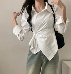Bxoxo Striped Women Shirt Korean Version Design Irregular Waist Shirts Spring and Summer Preppy Style Long Sleeved Slimming Top