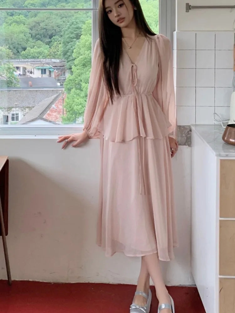 Bxoxo Women's Elegant Fairy Casual Korean Style Dresses New V-Neck Lace-up Long Lantern Sleeve Ruffles Midi Dress 2025 Holiday Vestido