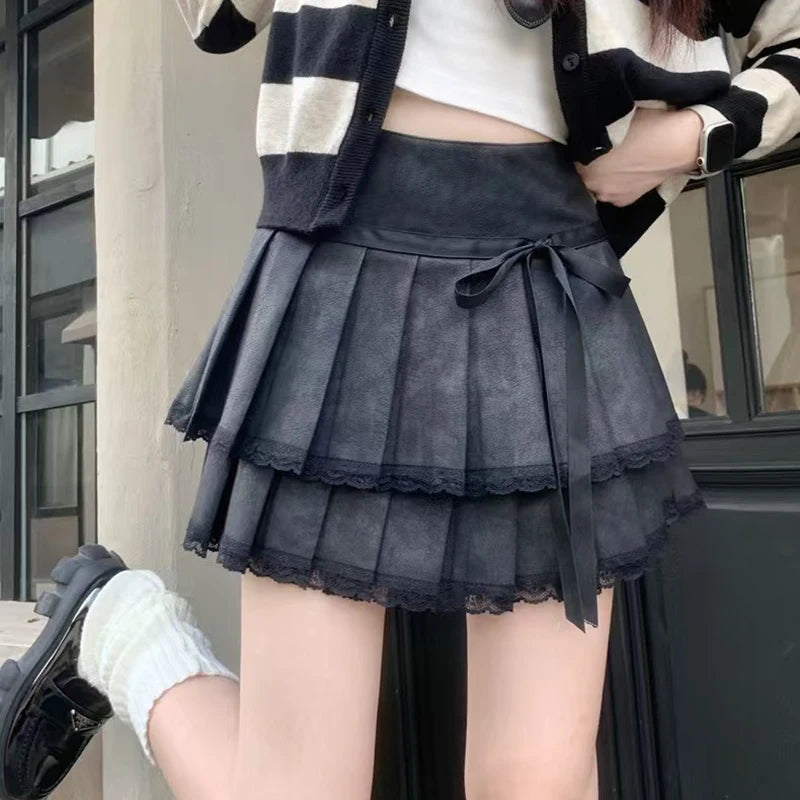 Bxoxo Fashion Bow Pu Pleated Skirt for Women Korean High Waist Splicing Mini Skirts Y2K Female Harajuku All-Match Chic A-Line Skirts