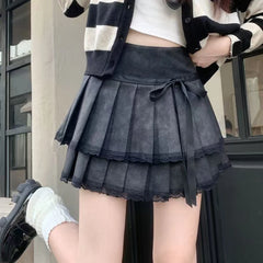 Bxoxo Fashion Bow Pu Pleated Skirt for Women Korean High Waist Splicing Mini Skirts Y2K Female Harajuku All-Match Chic A-Line Skirts