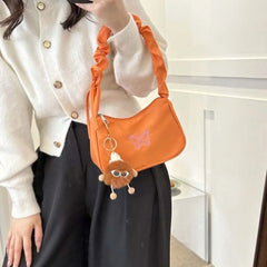 BXOXO Embroidery Bowknot Butterfly Shoulder Bag Y2k Style Ruffle Handle Nylon Bow Tote Bag Makeup Lipstick Bag Handbag