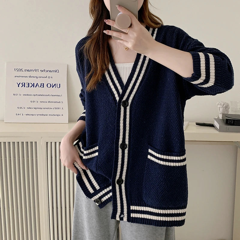 Bxoxo Women Cardigan Sweater Varsity Striped Front Pocket Long Sleeve Button-up Knit Sweater Jacket College Student Girl Preppy Style