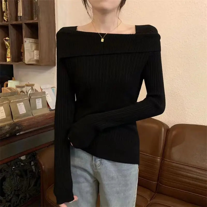 Bxoxo Women Off Shoulder Knit Sweater Slash Neck Long Sleeve Slim Knitwear Jumpers Office Sweater For Women 2024 Autumn Winter