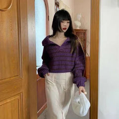 Bxoxo Vintage Striped Cropped Sweater Women Fall Winter Korean Preppy Knit Jumper Female Loose Long Sleeve Turndown Collar Pullovers