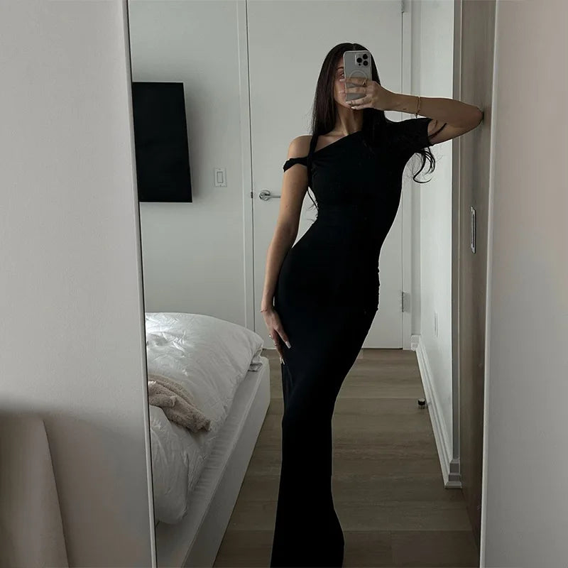 BXOXO Black Long Dress Women Sexy Off Shoulder Short Sleeve Bodycon Party Dresses Summer Elegant Fashion One-shoulder Maxi Dress 2024