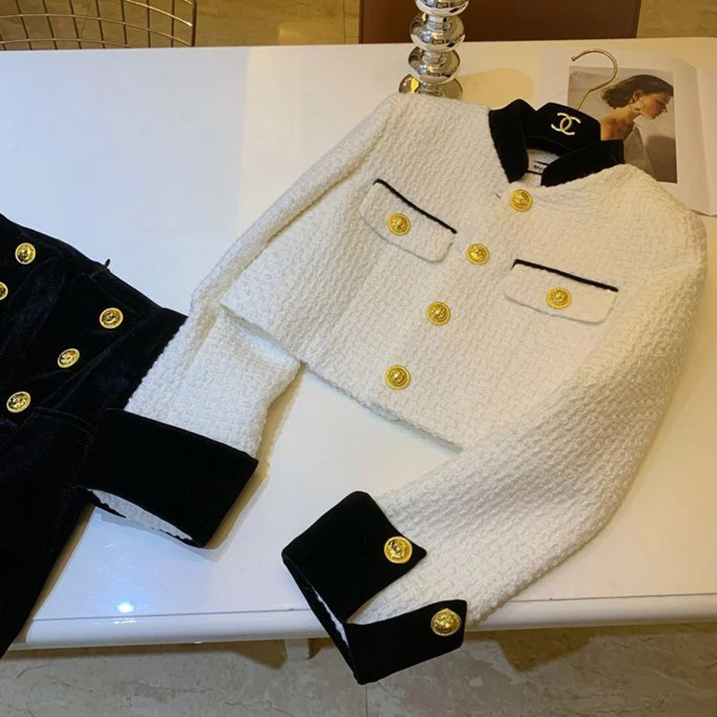 Bxoxo Fashion Stitching Tweed Short Jacket Women Autumn Winter Elegant Office Lady Coat Y2K Korean O Neck Single Breasted Crop Outwear