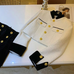Bxoxo Fashion Stitching Tweed Short Jacket Women Autumn Winter Elegant Office Lady Coat Y2K Korean O Neck Single Breasted Crop Outwear