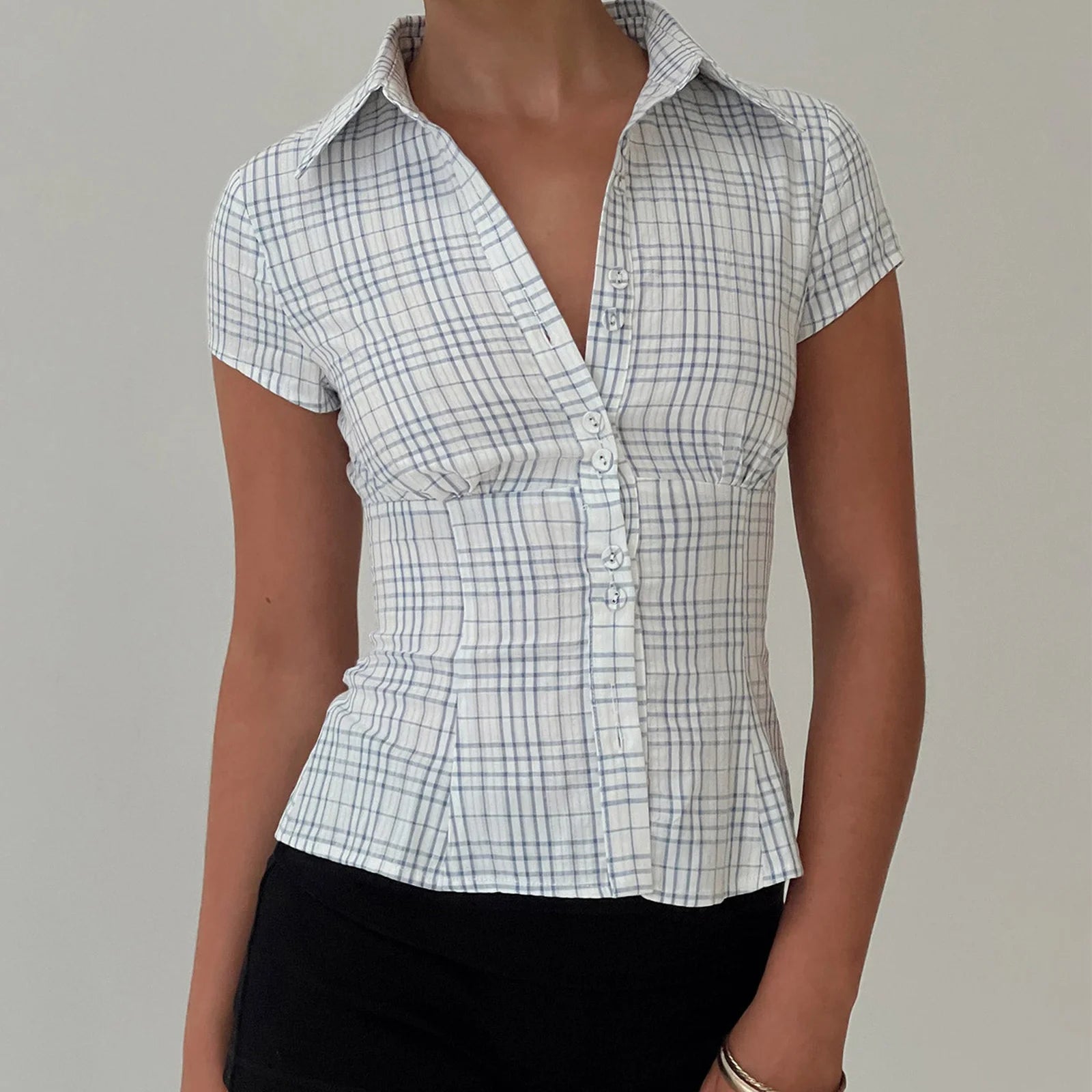 BXOXO Women's Y2K Short Sleeve Plaid Button Down Shirt Button Down Blouses Tops Casual Summer Shirt Tops 90s Streetwear