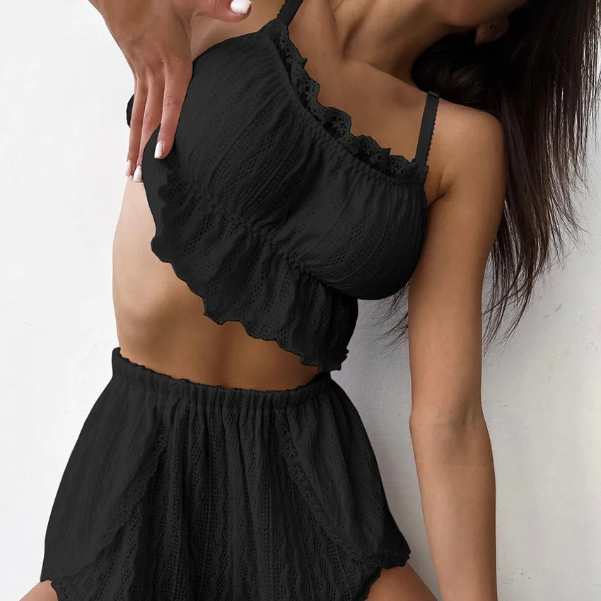 BXOXO Lace Patchwork Women's Pajamas Sets Hollow Out Crop Top Sleepwear Sexy Spaghetti Strap Nightwear Shorts Nightie Suits