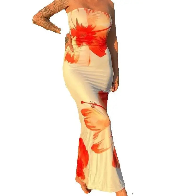 BXOXO Comfort Maxi Dress Women Print Flowers Sleeveless Backless Summer Trend Wrap Vacation Beach Party Temperament Vestidos