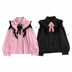 BXOXO Japanese Kawaii Girl Sweet Cute Lolita Hollow Out Shirt Autumn Y2k Aesthetic Lace All Match Blouse Top Women New JK Loose Blusas