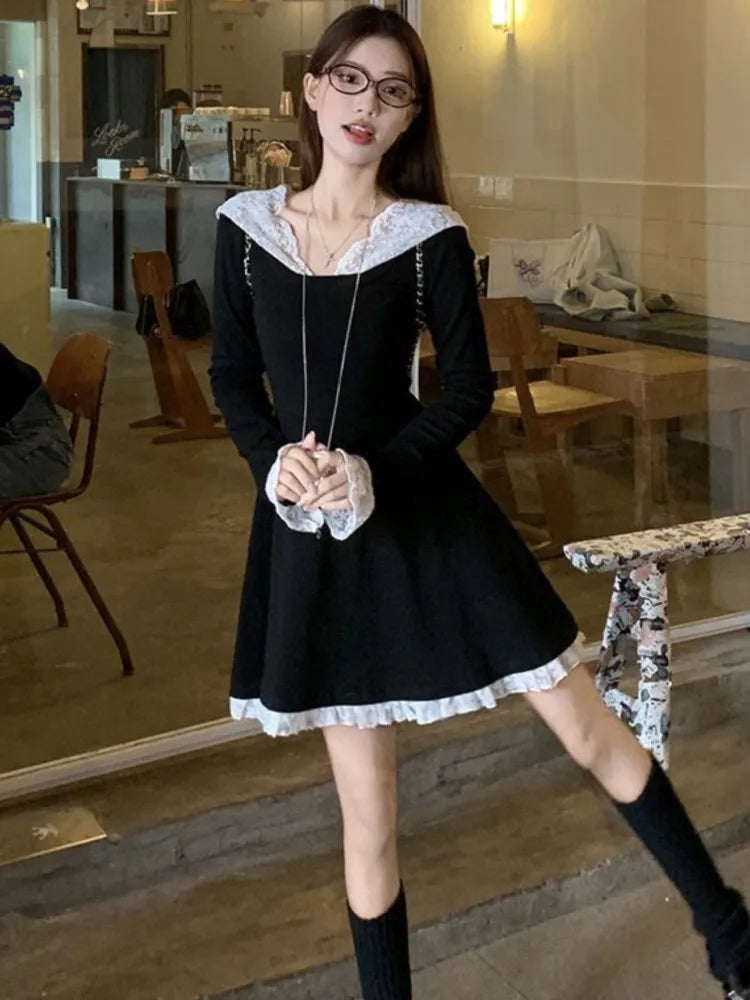 Bxoxo Women's French Lace Patchwork Y2K Dress Hooded Long Sleeves Slim Waist A-Line Short Skirt 2025 New Spring Summer Chic Vestidos