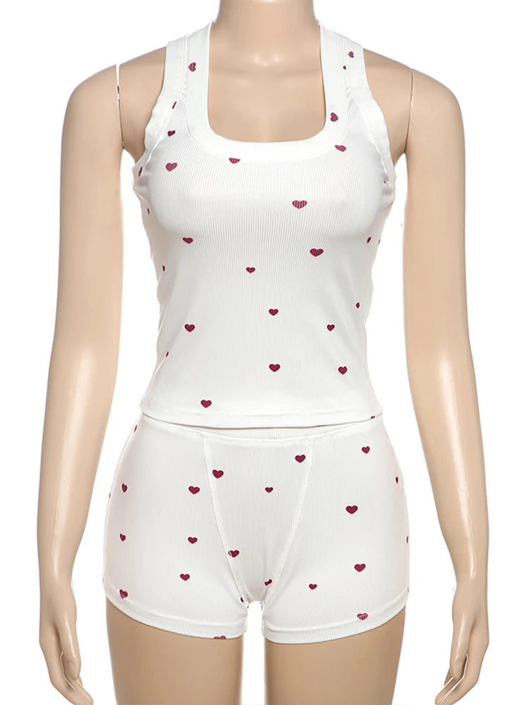 BXOXO Casual Heart Print 2 Piece Set Women Square Collar Sleeveless Crop Tops+Stretch Shorts Sweet Girls Comfy Fashion Outfits