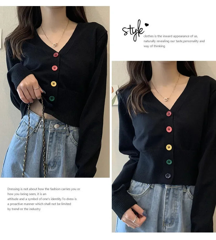 Bxoxo Autumn and Winter Little Fresh Colorful Buttons Younger Slim-Fit Slimming V-Collar Cardigan Long-Sleeved Sweater Top for Women