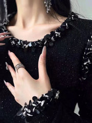 Bxoxo Elegant Hepburn Style Black Dress Women Fashion Sequin Patchwork Luxurious Midi Dress Y2K Korean Office Lady All Match Vestidos