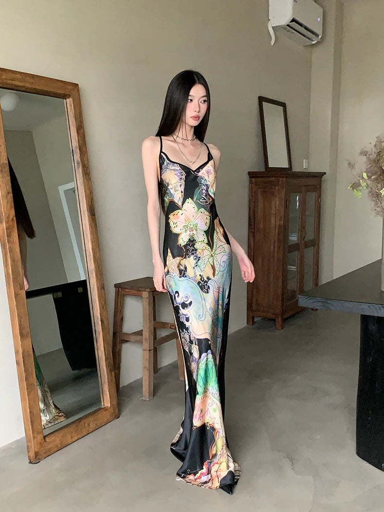 Bxoxo Ocean Flowers Backless Long Mermaid Dress For Woman Summer 2025 V Neck Midi Slip Dress Evening Party Clothes