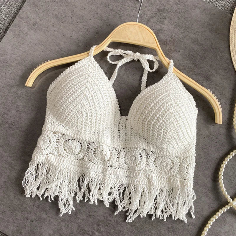 BXOXO Sexy Hollow Out Underwear Women Summer Beach Short Tank Top Women Sweet Knitted Bra Tassel Women Short Top Debardeur Femme