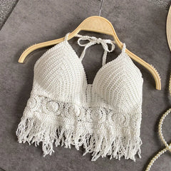 BXOXO Sexy Hollow Out Underwear Women Summer Beach Short Tank Top Women Sweet Knitted Bra Tassel Women Short Top Debardeur Femme